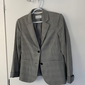 Grey and black blazer, lined in grey, lightweight, 2 black buttons, Calvin Klein